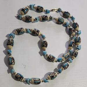 Handcrafted Handpainted Peruvian Beaded Necklace with Blue Bird Accents